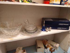 lot 547 image: Shelf of Crystal Glasses, Platters, Punch Bowl, Etc
