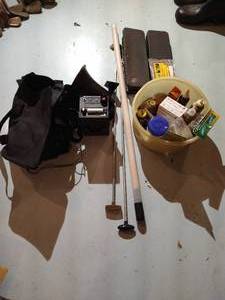 lot 573 image: Hunting Lot Cabellas Game Caller, Gun Cleaning Kit, 12 Gauge Shotgun Shells, Etc