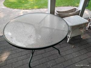 lot 616 image: Patio Table w Wicker Side Table & Planter