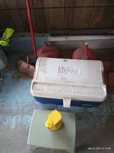 lot 651 image: Igloo Cooler, Step Stool, Broom, Gas Cans