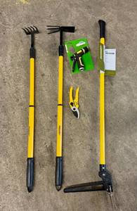 Garden Lawn Tools-Step on Weeder, Pruning Shears, Hoe, Rake & Hose Sprayer