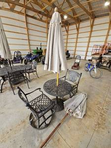 lot 19 image: Cast Aluminum Patio Dining Set with Umbrellas - Seats 2