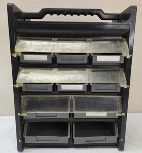 lot 5 image: Vintage 10 drawer small parts storage bin with top storage and carrying handle