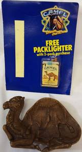 1960's Mid Century Footed Brass Camel Trinket Dish/ Ashtray | 1990 Camel Cigarettes Pack Lighter Sealed