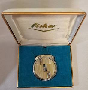 lot 27 image: Vintage Fisher Butane Gas Lighter Medallion Abalone