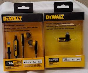lot 34 image: DeWalt  Jobsite Earphones for lighting & 90-Degree Audio Adapter for lighting for iPhones 14 and Older