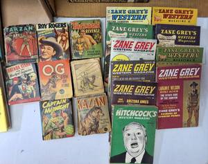 lot 51 image: Vintage 1944 Hardcover books from Tarazan,Roy Rogers, Hitchcoks Mystery Magazines, Zane Grey Western Magazines