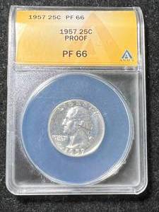 lot 16 image: 1957 PROOF US WASHINGTON QUARTER ANACS PF66