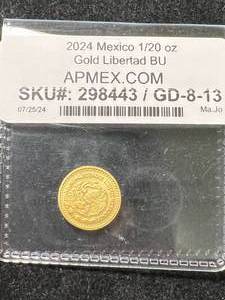 lot 29 image: 120TH TROY OZ .999 FINE GOLD 2024 MEXICO LIBERTAD BU