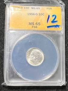 lot 69 image: 1956-D US ROOSEVELT DIME ANACS MS65 FSB