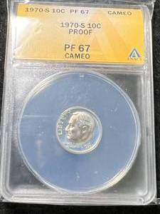 lot 79 image: 1970-S PROOF US ROOSEVELT DIME ANACS PF67 CAMEO