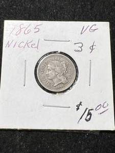 lot 82 image: 1865 US 3 CENT NICKEL VG