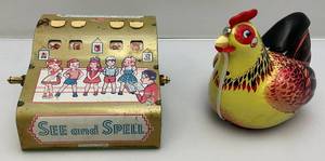 lot 3 image: Vintage Tin Litho Toys Including Wolverine See And Spell & OSH Tin Battery Operated Chicken (Both Work)