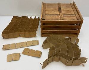 lot 9 image: Vintage Wooden Egg Crate With Advertisement & Cardboard Egg Protectors