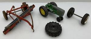 lot 61 image: Vintage Ertl John Deer Miniature Die Cast Narrow Front-End Tractor 5 & Ertl 116 Scale International Harvester Pull Side Delivery Hay Rake & More