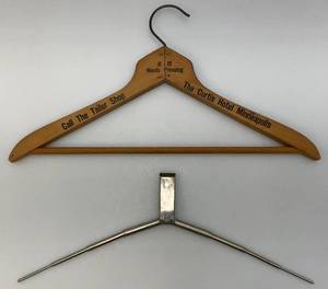 lot 75 image: Vintage Portable Pocket Clothes Hanger & Curtis Hotel Wooden Hangers