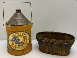 lot 76 image: Vintage Chicken Feed Seed Bucket Wood And Metal