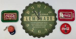 lot 94 image: 15 Metal Lemonade Wall Clock & Coca-Cola Tip Trays