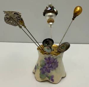lot 114 image: Vintage Hat Pins & Holder Some Sterling Silver