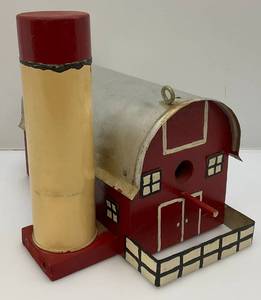 lot 127 image: Handmade Wood & Metal Folk Art Barn Birdhouse 9 12H x 12 L x 8 12 Wide