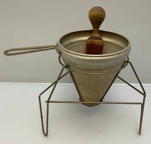 lot 137 image: Vintage Aluminum Cone Colander With Stand & Wood Pestle Canning Primitive Farm 9 12