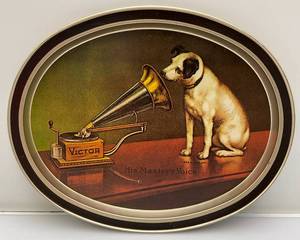 lot 175 image: Vintage Oval Metal RCA Tray Victor Nipper The Dog His Masters Voice