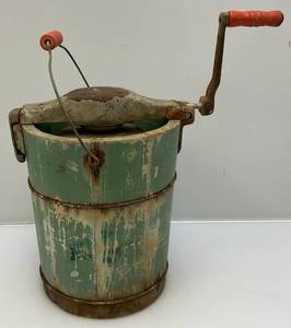 lot 178 image: Antique Hand Crank Wooden And Metal Iced Cream maker