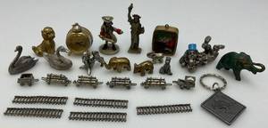 lot 188 image: Vintage Misc. Miniature Collectibles Including PewterBrass Figurines, Clock & Music Box (Works)