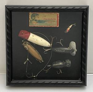 lot 192 image: Antique Wood Fishing Lures Framed With Hehon Dowagiac Lure Box