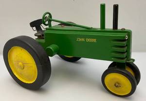 lot 197 image: Large Wood Handmade John Deere Tractor 15 34 x 10 12H x 11 W (Back Wood Wheels Have Crack And Need Repair)
