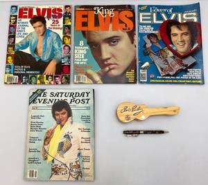 lot 198 image: Vintage Elvis Presley Magazines And Pen In Guitar Holder