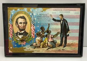 Antique 1909 Abraham Lincoln's Emancipation Proclamation "Lincoln Centennial Souvenir" Embossed Postcard With Stamp And Writing On Back Framed Behind Glass