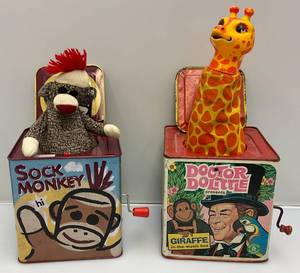 lot 218 image: 1967 Dr. Doolittle Jack In A Box (Crank Needs Repair) & Sock Monkey Jack In The Box (WORKS)