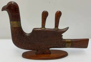 lot 244 image: Vintage Wooden Hand Carved Bird, Knife And Fork Set Missing Two Forks Made In India