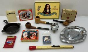 lot 263 image: Misc. Vintage Tobacciana Collectibles Including Pipes, Cigar Tins, Camel Items & More