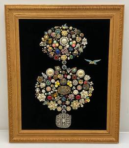 lot 296 image: Vintage Framed Costume Jewelry Tree With Bird Art 17 12 x 21 (VERY COOL PIECE)
