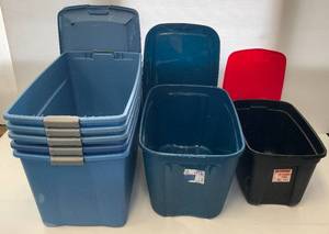 lot 305 image: Large Group Of Misc. Blue Totes With Wheels And Lids