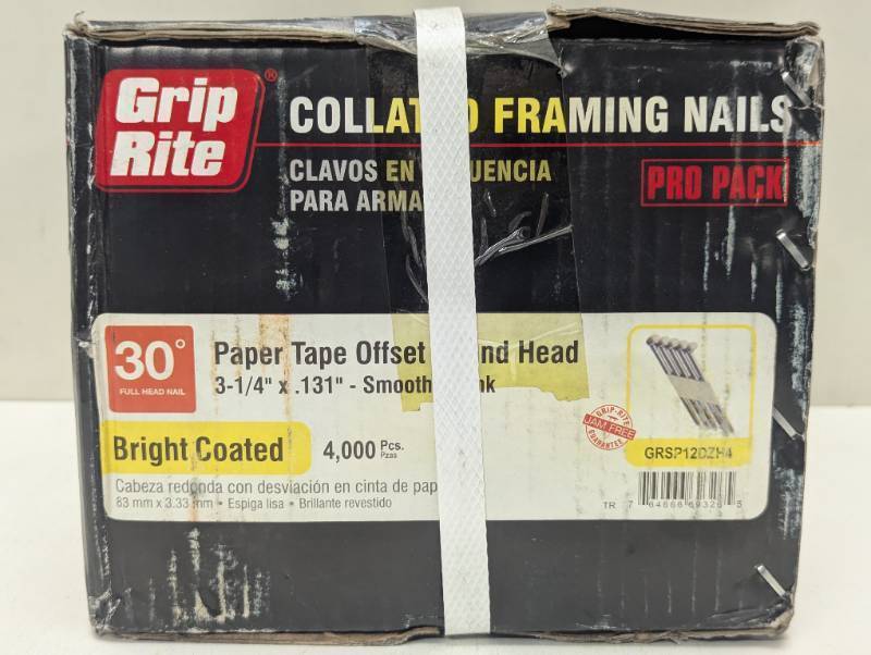 lot 152 image: Grip Rite 3-14 x .131, 30 Degree Paper Tape Offset Round Head Nails, Bright, Smooth Shank, (4,000Carton)