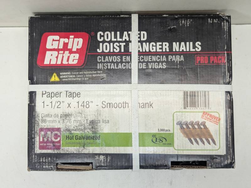 lot 153 image: Grip Rite 1-12 x .148, 33 Degree Paper Tape, Round Head Joist Hanger Nails, Hot Galvanized, Smooth Shank, (3,000Carton)