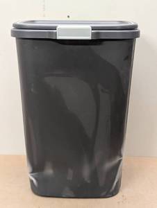 lot 39 image: Hefty 13gal Odor Block Trash Can Black Kitchen Touch-Top Garbage Can, Tight-Fitting Lid - Dented