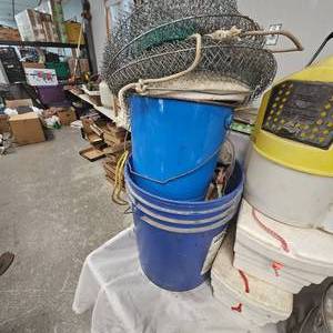 lot 23 image: Lot of Minnow BucketsTrapsAeratorKnee High Boots