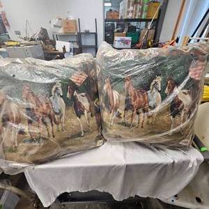 lot 115 image: Pair of As New in Wrapper Horse Scene Pillows for Couch