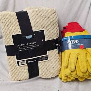 lot 116 image: 6 Pairs New Yellow Fleece Gloves and Chenille Throw Blanket