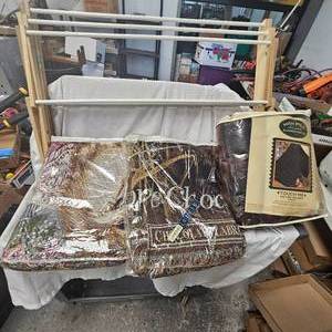 lot 117 image: 3-As New Woven Throw Blankets with Folding Clothes Dry Rack