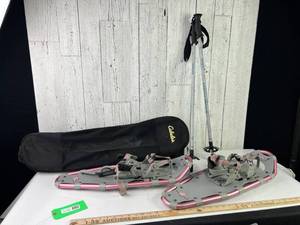 lot 1401 image: LL Bean Pink Snowshoes with Poles and Cabelas Carrying Bag