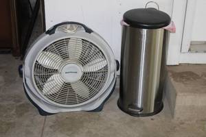 lot 9 image: WindMachine Floor Fan and Stainless Steel Pedal Trash Can Set