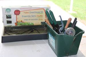 lot 10 image: Heated Greenhouse Kit with Assorted Gardening Tools
