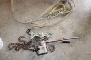lot 23 image: Vintage Alcoa Chain Hoist with Hooks and Cables
