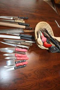 lot 96 image: Mixed Lot of Kitchen Knives and Utensils with Basket