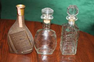 lot 99 image: Set of 3 Vintage Glass and Ceramic Liquor Decanters